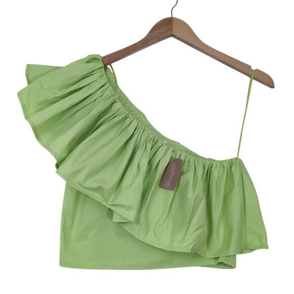 Vestique Cropped One Shoulder Top Womens M Green Ruffle Beachy Resort Glam Vaca - Picture 3 of 12